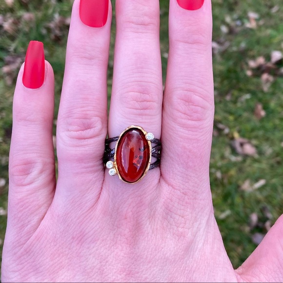 Natural Oval Amber Gemstone Ring Sz 7.75 Silver with Black Rhodium Gold - Picture 2 of 8
